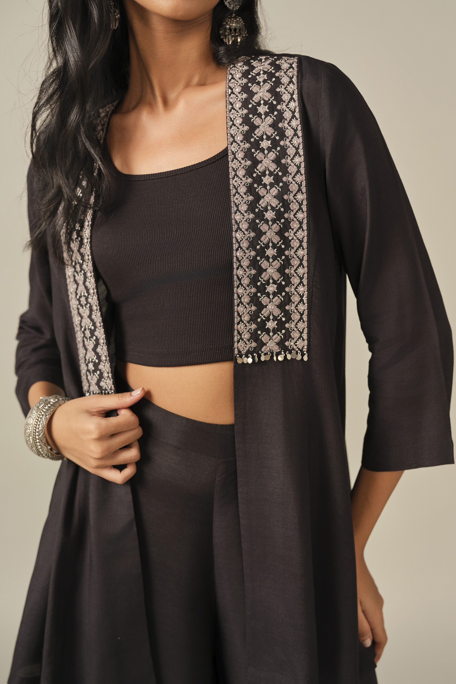 Embroidered Shrug in Black, Black, image 2